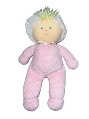 Vintage Eden Plush Doll Pink Terry Cloth Blonde Yarn Hair 10" Lovey Gingham Hat